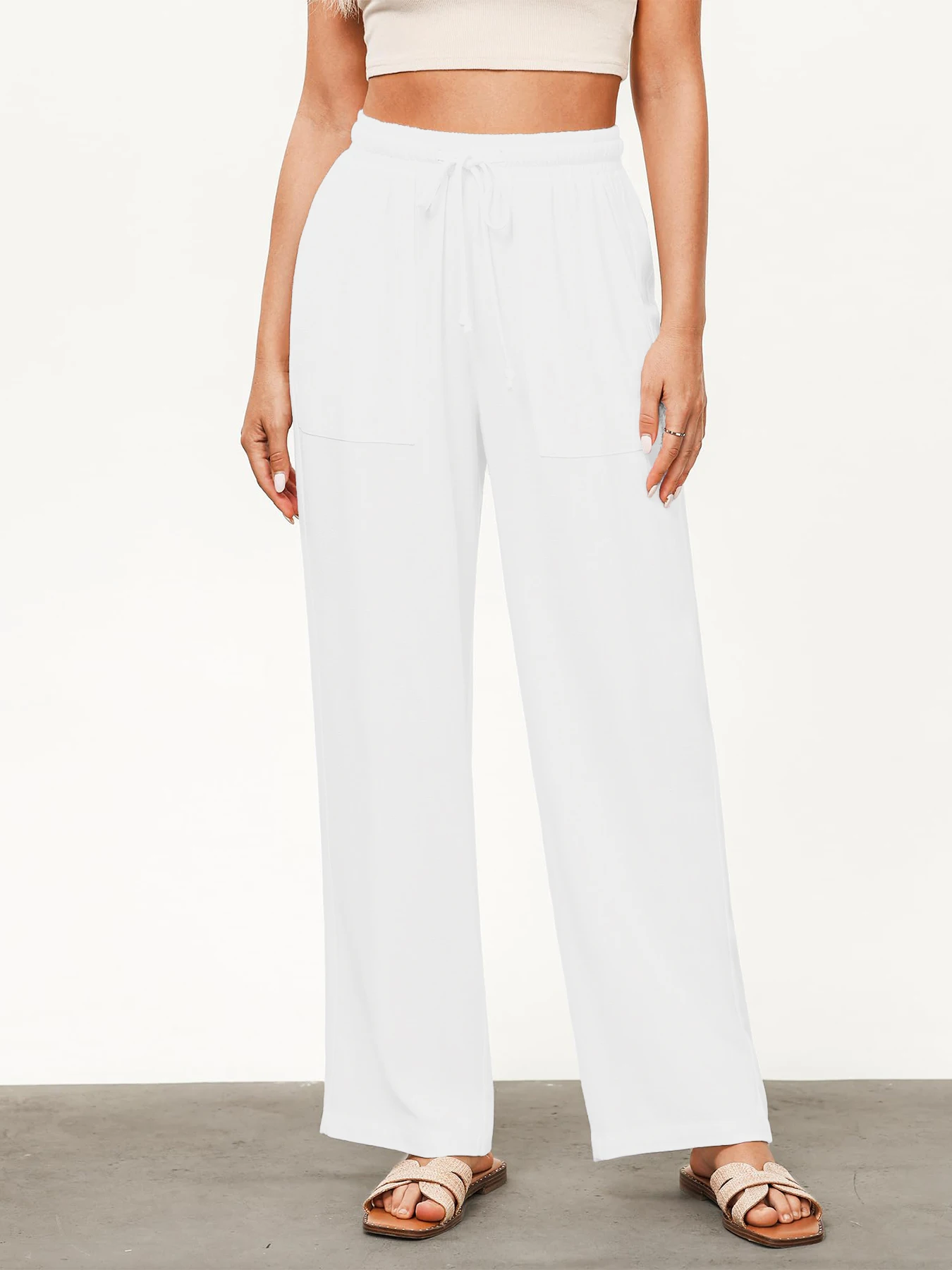 Einfarbige, lockere, weit geschnittene Hose für Damen, lässige, gerade Hose mit Kordelzug, lässige Hose mit Taschen, lockere Hose mit hoher Taille – Detail 9