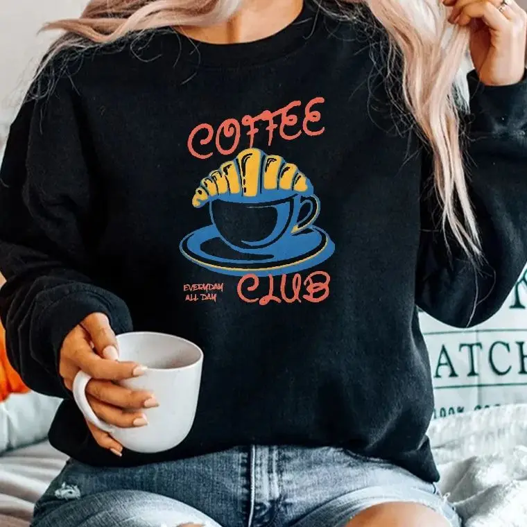 

Retro Vintage Sweatshirt Graphic Hoodies Y2K Tops Casual Daily Wear Unisex Versatile Stylish Pullover Croissant Coffee Club