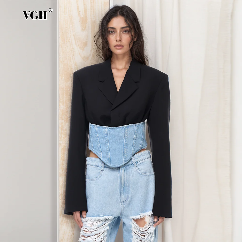 VGH Casual Patchwork Denim Slimming Blazer For Women Notched Long Sleeve Spliced Zipper Hit Color Blazers Female Fashion New