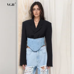 VGH Casual Patchwork Denim Slimming Blazer For Women Notched Long Sleeve Spliced Zipper Hit Color Blazers Female Fashion New