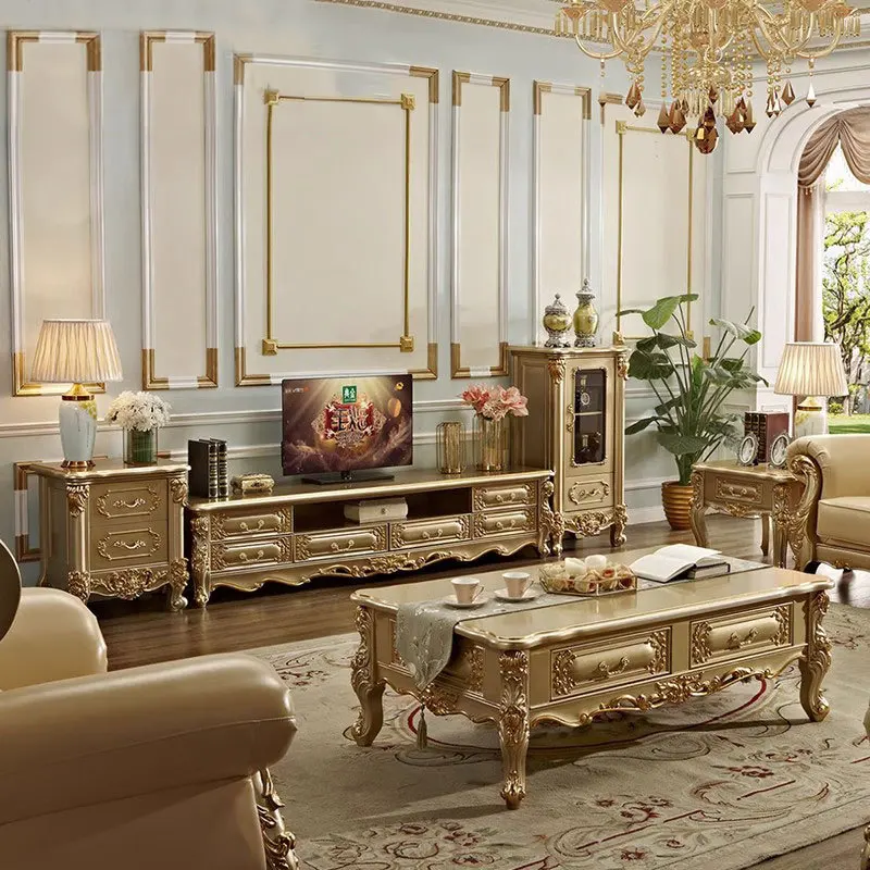 Solid wood coffee table TV cabinet combination, marble, large and small apartment, living room luxury floor cabinet,