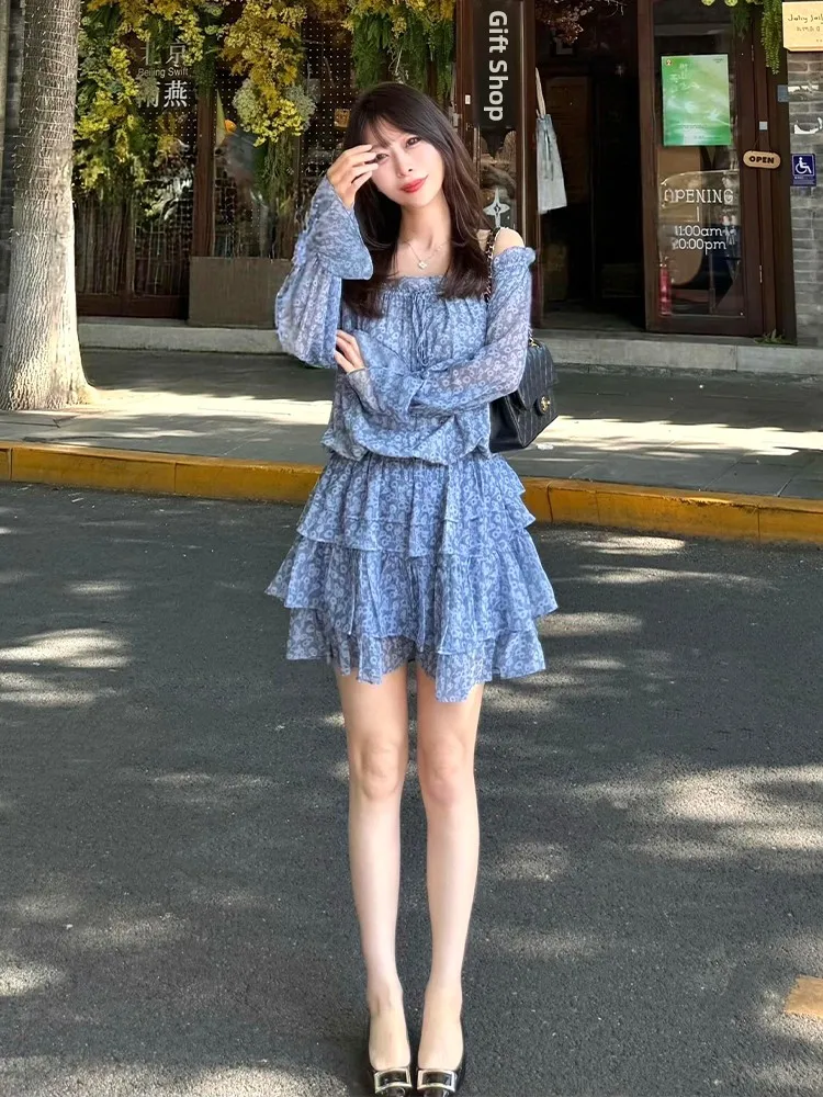 

Summer New plus Size Floral Print Chiffon Top Blue Short Skirt Set Korean Style Comfortable Loose Fit Long Sleeve One Shoulder