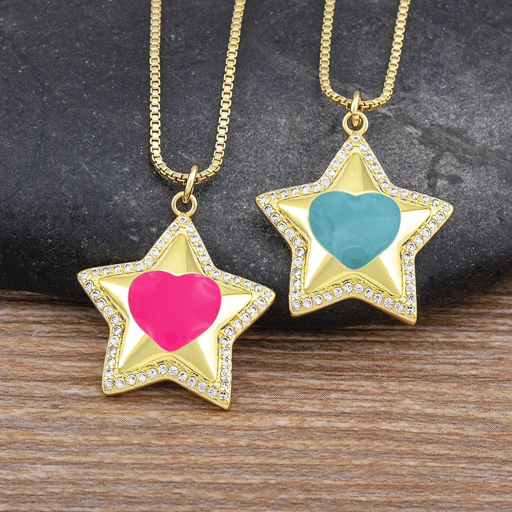 Nidin New Trendy Lucky Star Shape Heart Pattern Charm Pendant Necklace For Women Men 5 Colors Copper Micro Inlaid Zircon Jewelry