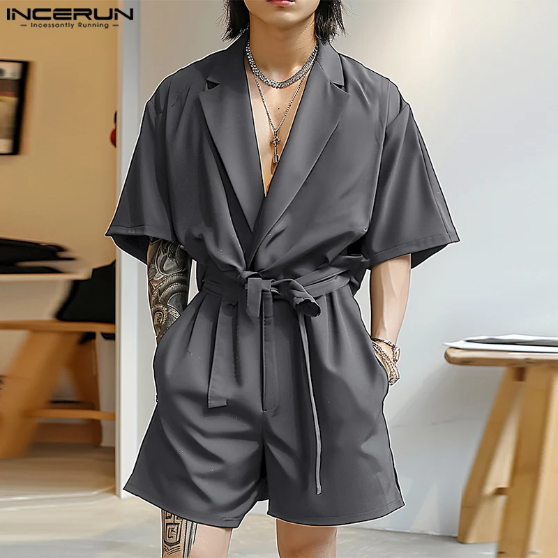 INCERUN 2024 Korean Style Jumpsuits Fashion Men\'s Suit Collar Design Jumpsuits Casual Hot Sale Solid Short Sleeved Rompers S-5XL