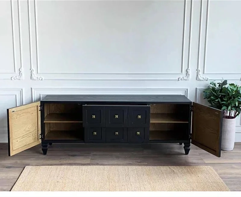 Mobile TV da soggiorno retrò in legno massello nero country americano, armadietto semplice e moderno, mobile TV