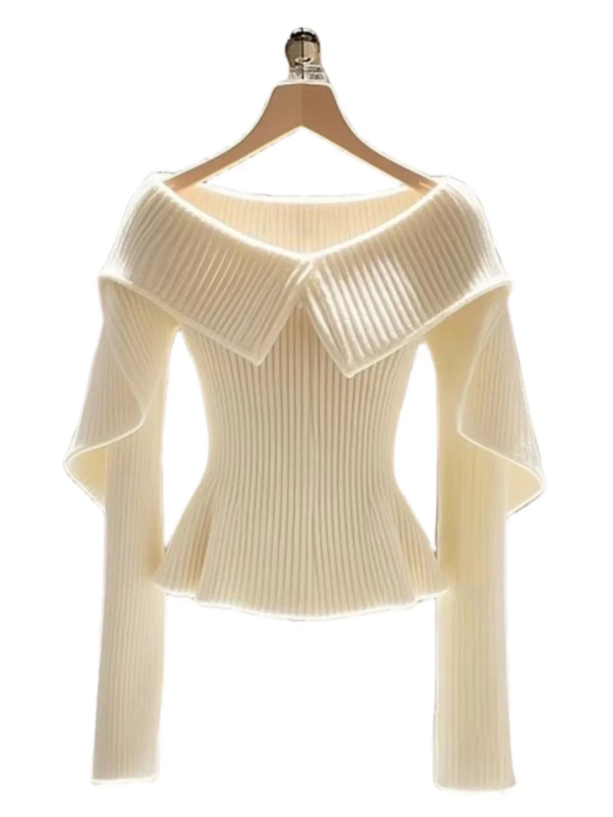 Off-white Lapel Straight-shoulder Waist Sweater Knit Sweater Women\'s Autumn Winter 2024 New Sweet Top