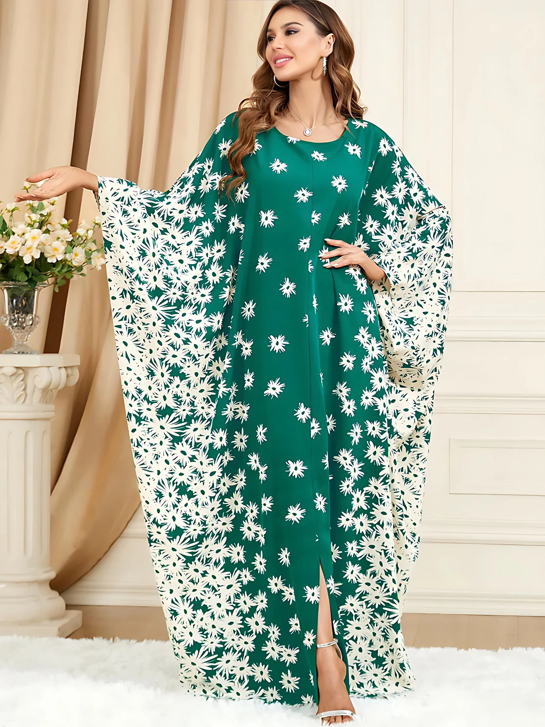 

Muslim Middle Eastern Bat-sleeved Plus-size Women Kaftan Jilbab Sleeve Loose Ramadan Dresses Print Long Robe Dubai Turkey Abayas