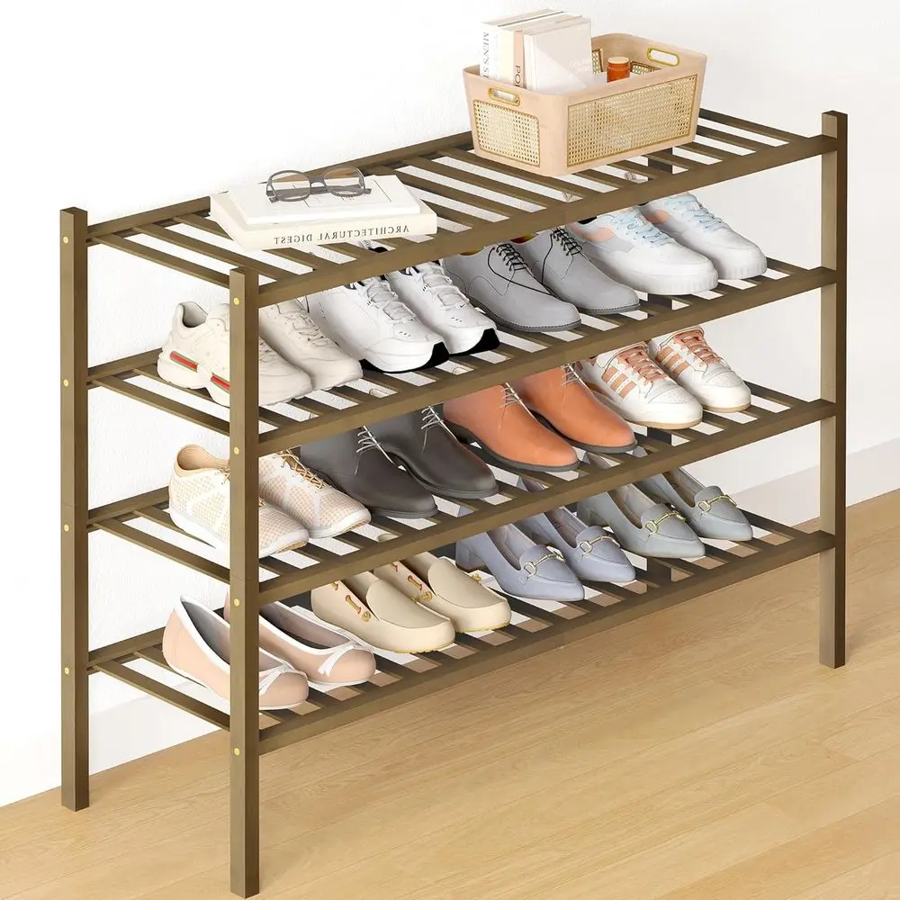

4-Tier Stackable Wooden Shoe Rack Organizer, Long Storage Shelf for Entryway, Walnut Finish