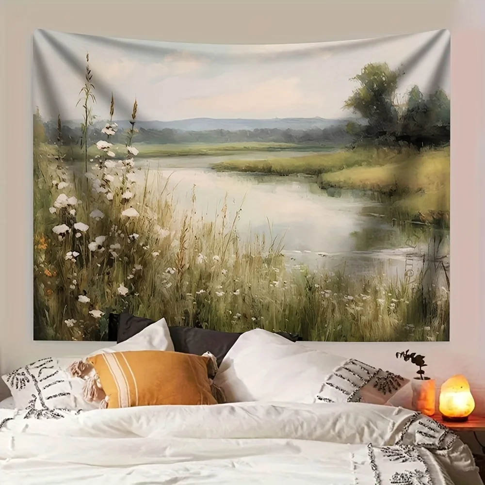 Aesthetic Nature Tapestry Wall Hanging Large Scenic Landscape Art Boho River Meadow Rustic Farmhouse Home Decor Print Tapestry