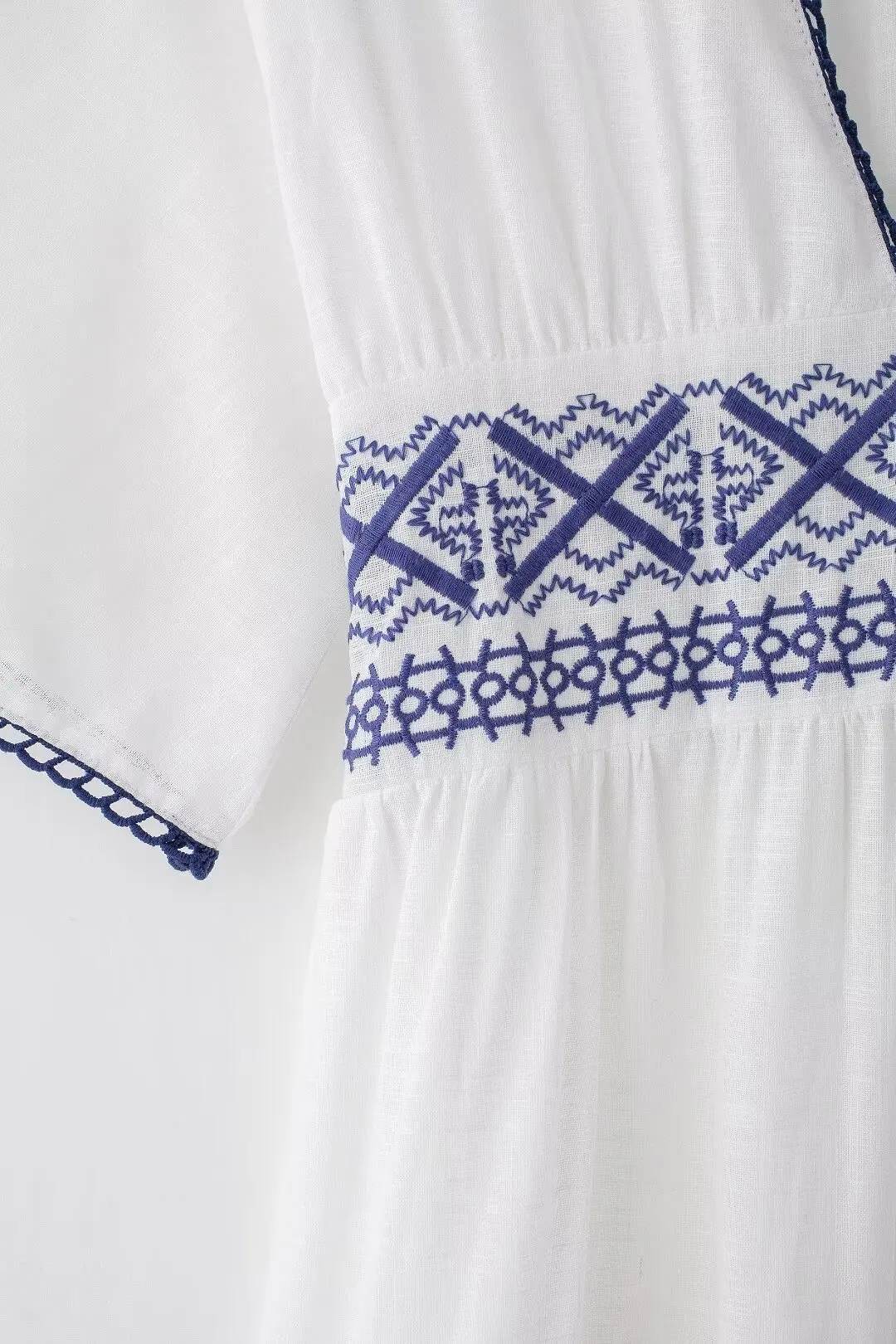 Women's Summer New Fashion Embroidery Decoration Linen Blended V Neck Midi Dress Retro Short sleeved Women's Dress Mujer