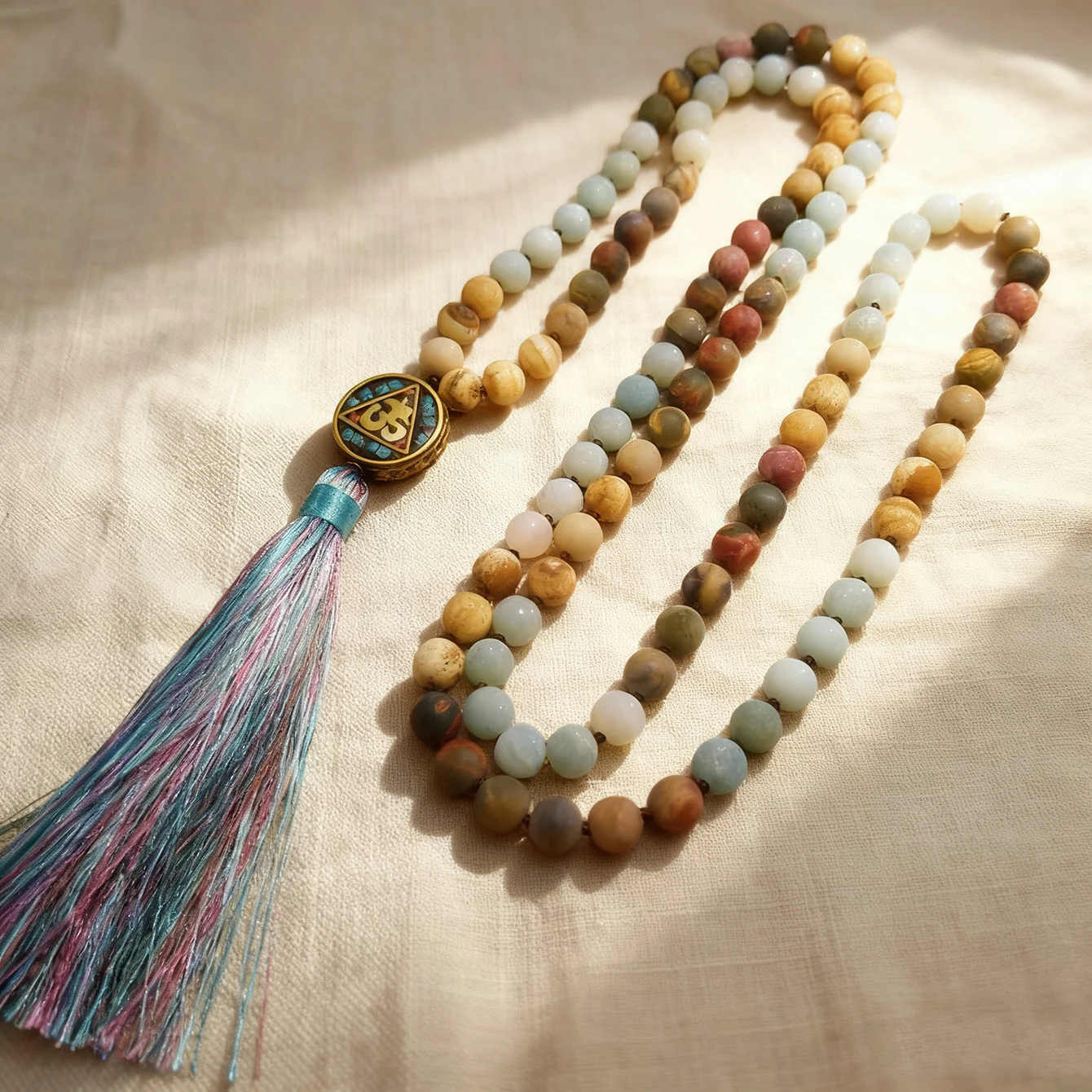 

Buddhism Tassel Bracelets Natural Amazonites Picasso Jaspers Picture Jaspers Matt Beads Knotted Handmade 108 Prayer Bead Jewelry