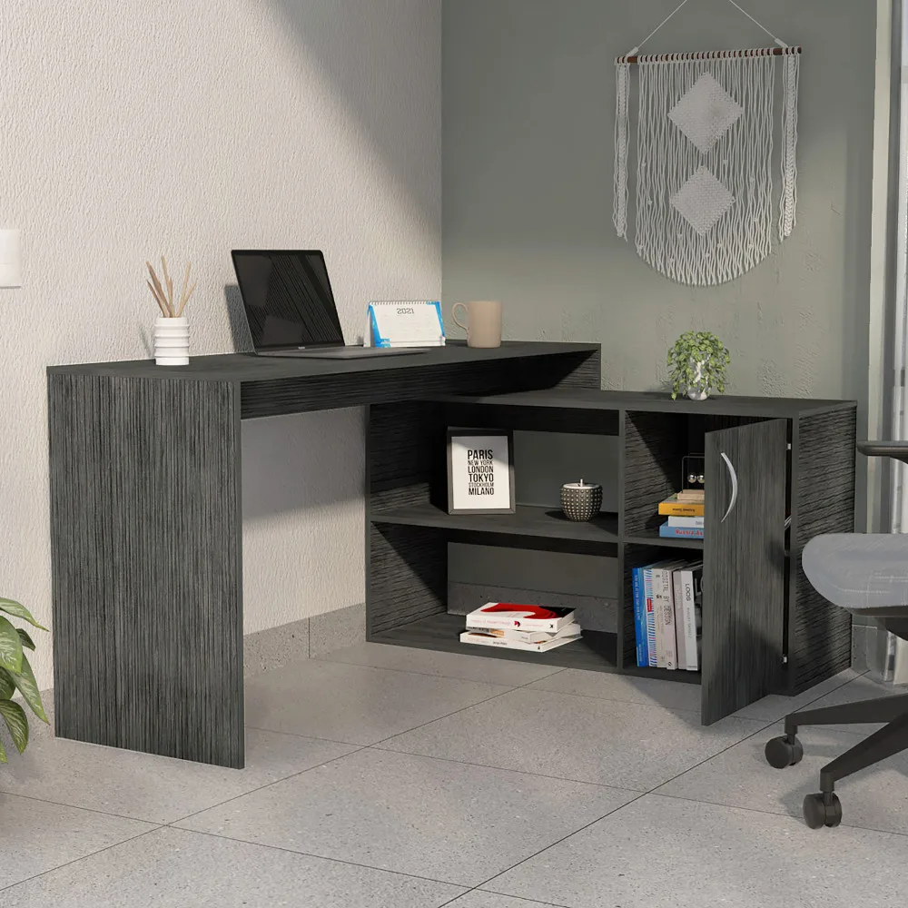 Smokey Oak 1-Drawer 2-Shelf L-Shaped Office Desk