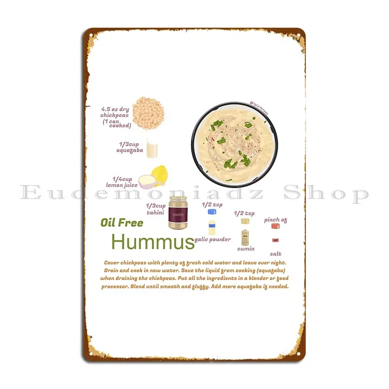 Placa Metálica Decorativa con Receta de Hummus Saludable, Letrero Personalizado para Pared, Decoración para Club