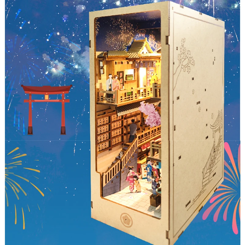 Kit di inserti per scaffali in legno fai-da-te Kit di costruzione in miniatura fuochi d'artificio Night Tour libreria con fermalibri a luce LED regalo per adulti