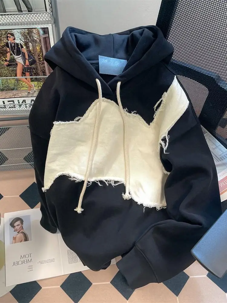 

New Loose Color Block Hoodie Casual Retro Versatile Korean Style Fashion Outerwear Long Sleeve Regular Sleeve Length