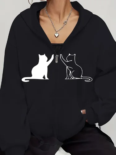 Imagen 2 del producto Playful Black Cat, Chaqueta informal con cremallera y manga larga para mujer con estampados de gatos, adecuada para todas las estaciones, sudadera con capucha para mujer