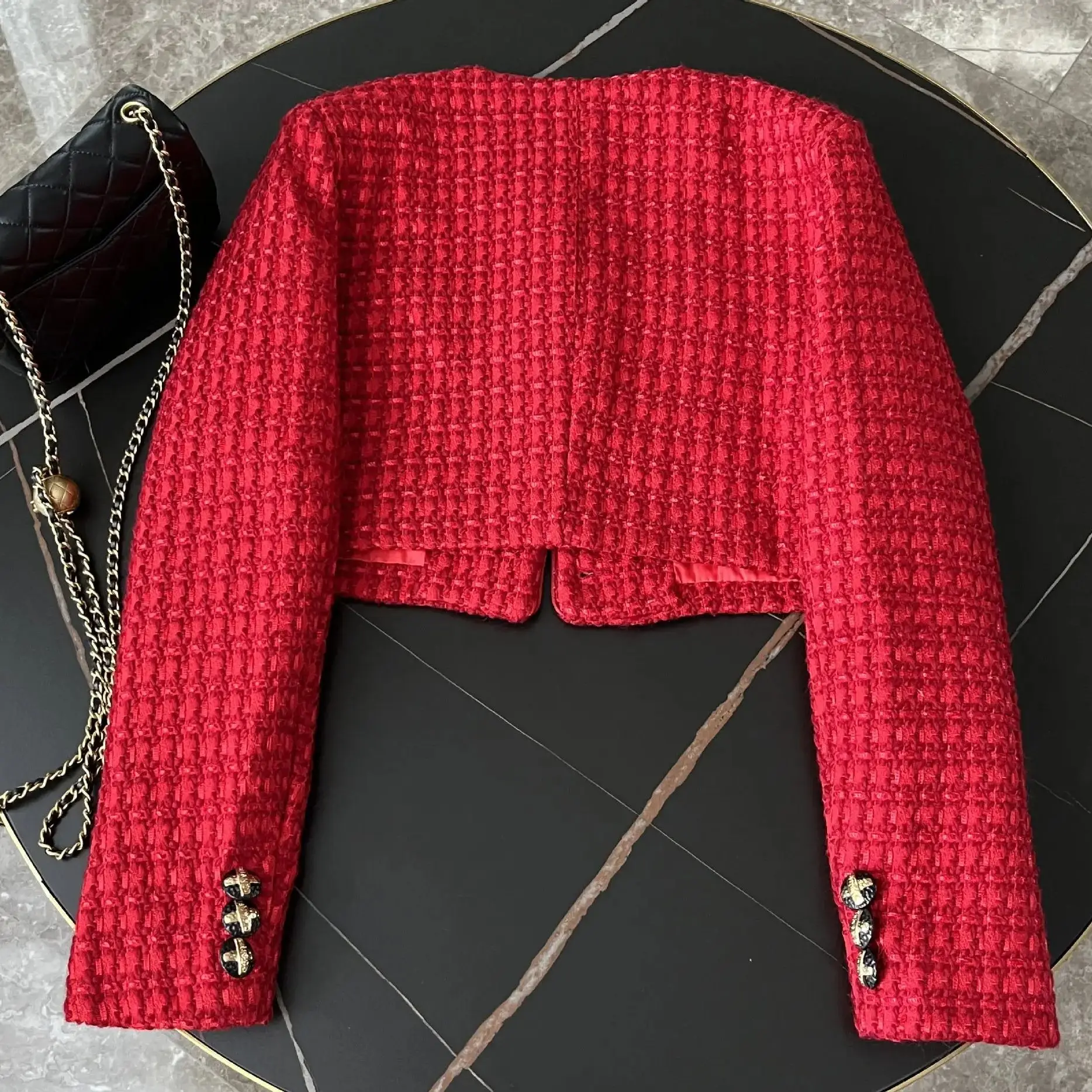 High Quality Chic Tweed Weave Cropped Jacket Women Trendy Round Neck Red Blazer Coat Small Fragrant Wind Single Breasted Outwear