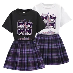 Sanrio Kuromi Kawaii Girls Clothes Sets T-shirt Skirt Suit Summer Clothes Girl Suit Teens Children's Clothes Style Pleated Skirt