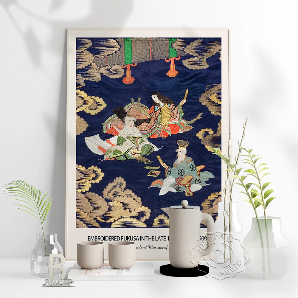 Japan Vintage Embroidered Fukusa Art Print Poster Oriental Myth Canvas Painting Decor Wall Picture Gift