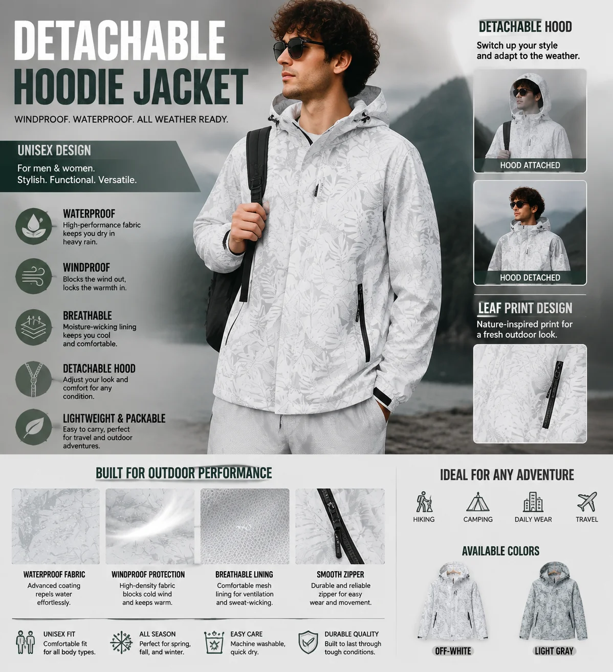 Unisex detachable hoodie jacket with leaf print, featuring a zipper for windproof and waterproof outdoor use as a storm jacket