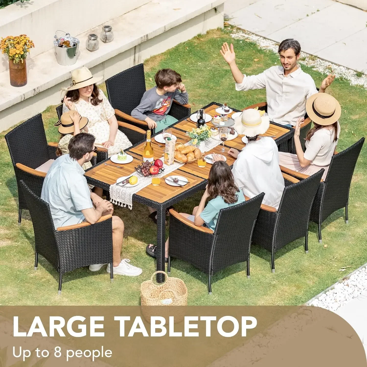 Outdoor Patio Dining Sets 9 Pieces Wicker Outdoor Dining Table and Chairs Set with Acacia Wood Table Top and Widened Armrests