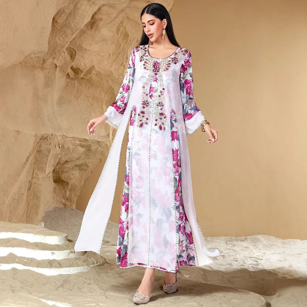 

Muslim Women Dress Abaya Beading Handmade Swen Diamond Print Eid Party Vestidos Largos Caftan Jalabiya Ramadan Arab Long Robe