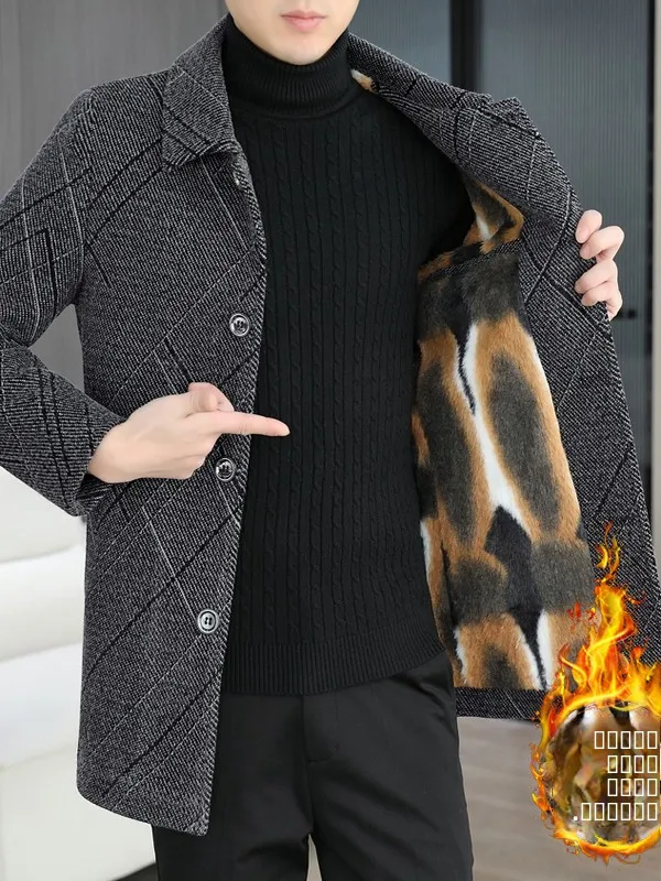 

Men's High-End Woolen Coat Mid-Length Thiened Autumn Winter Youth Maturi Sle Outerwear Warm Polyester Nylon Material