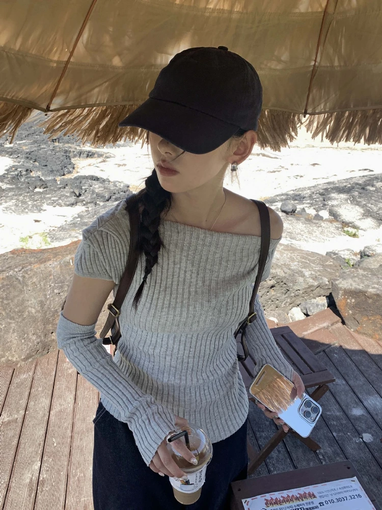 Y2k Aesthetic Slash Neck Vintage Sweater Women Streetwear Autumn Solid Loose Pullover Harajuku Off Shoulder Fairy Grunge Jumpers