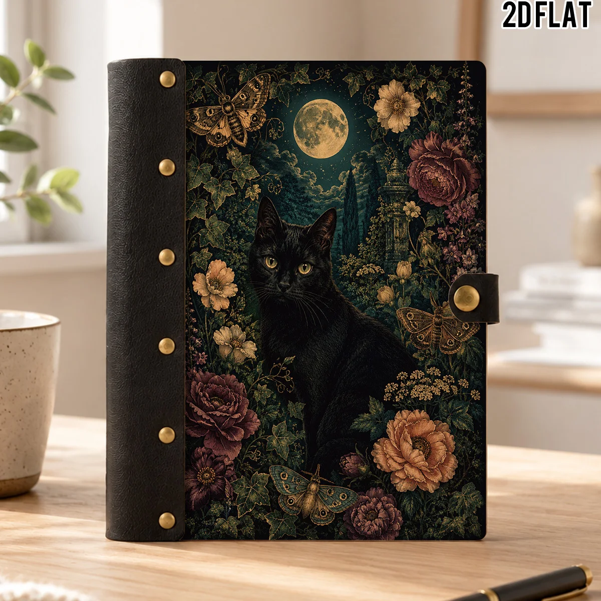 1PC 2D Flat Wooden Notebook, Vintage Full Moon Black Cat Moth Peony Floral Print, Hardcover Riveted Notebook, 100 Pages With Ivy