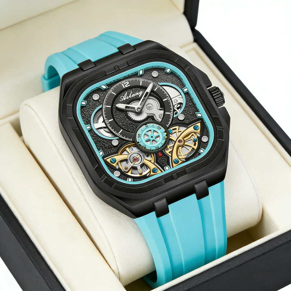 

AILANG Luxury Skeleton Mechanical Watches for Men Automatic Tourbillon Watch Sports Silicone Strap Waterproof Mens Wristwatch