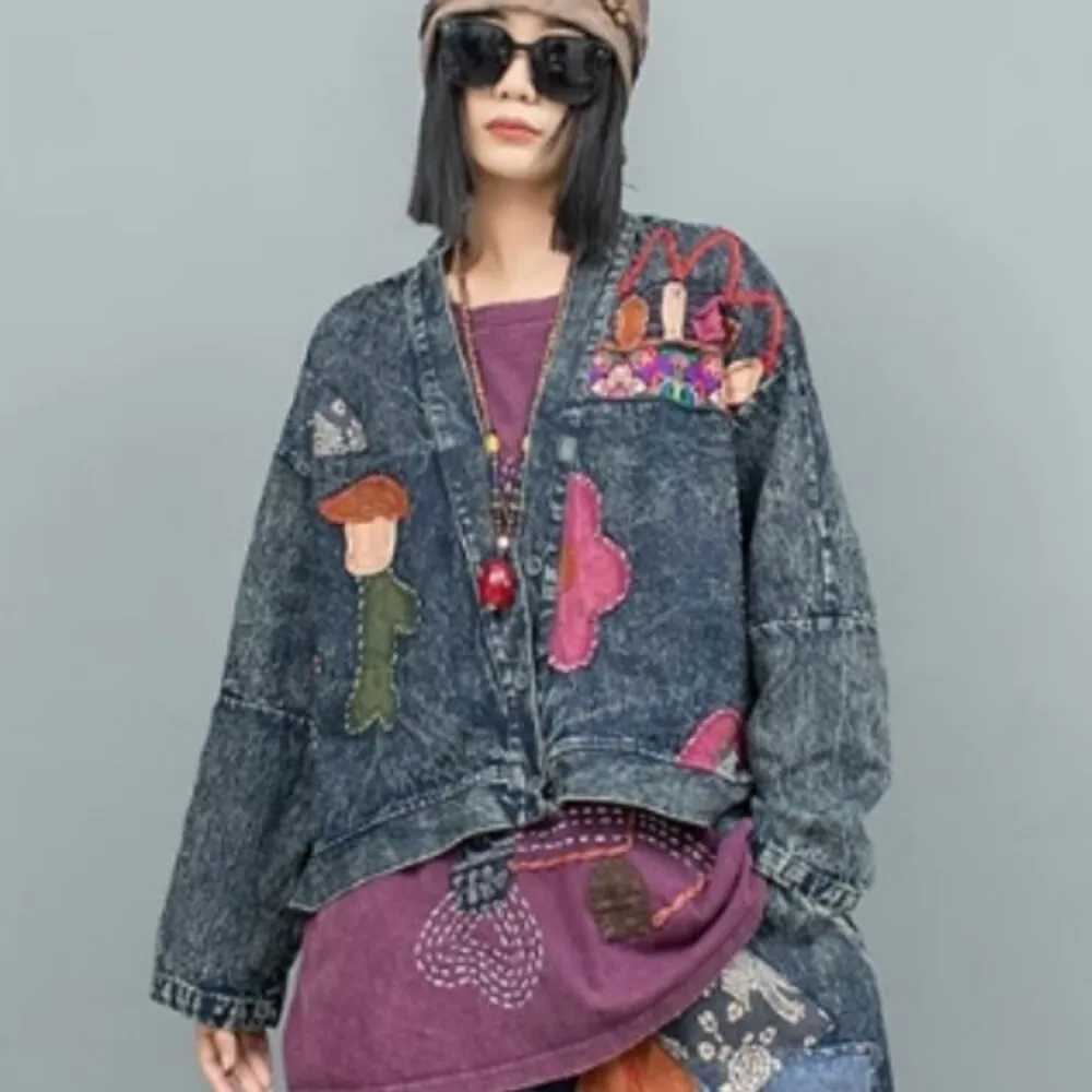 

Hand Embroidered Fabric Coat 2024 Autumn Cardigan Denim Jacket Women LX2254