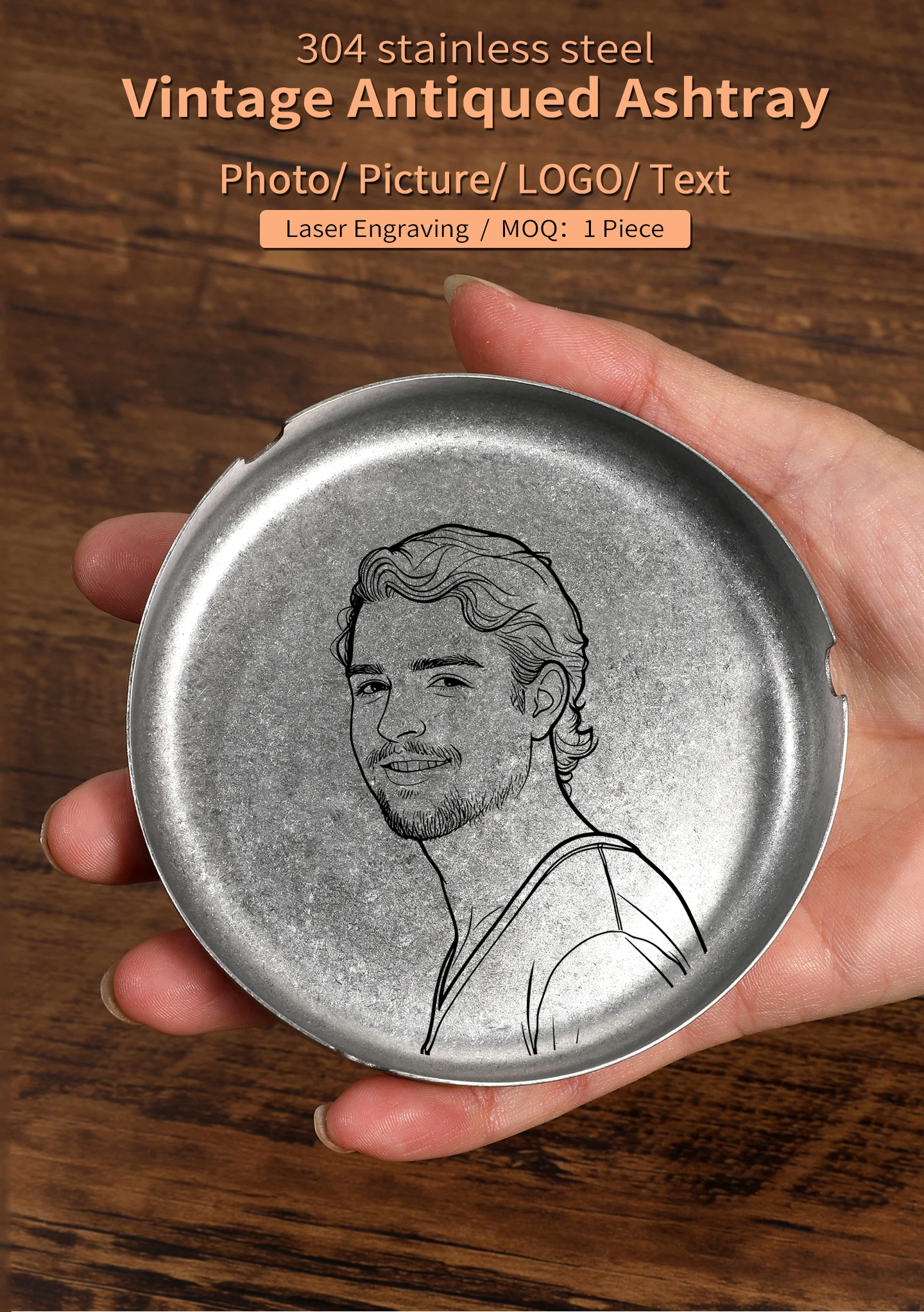 Vintage Aschenbecher aus 304 Edelstahl mit Lasergravur, DIY Personalisierbar mit Foto, Text oder Logo, Individuelles Souvenir-Geschenk – Detail 1