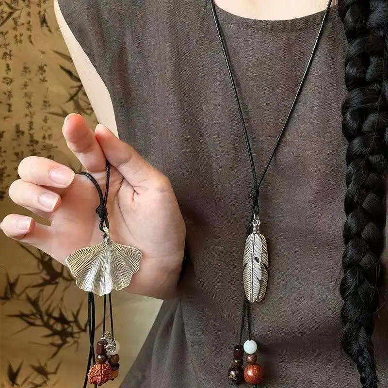 Böhmische lange Halskette mit Anhänger für Damen, runde, ovale Blatt-Perlenkette, Seilketten-Pulloverkette, geometrischer, trendiger Schmuck, Geschenkidee – Detail 3