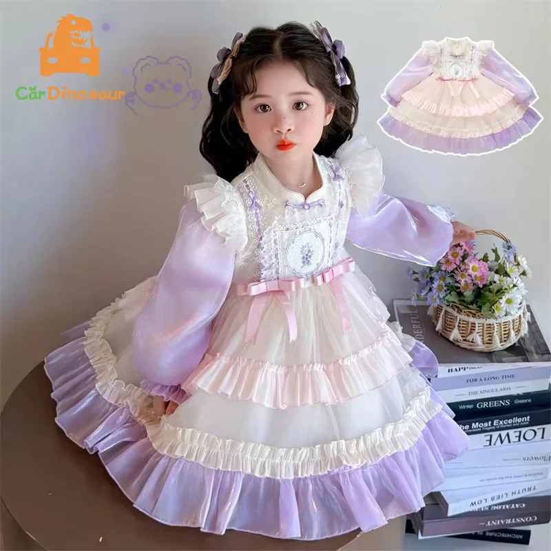 New 2026 Spring Autumn 2-10 Years Kids Clothes Fashion Baby Outfit Lace Embroidery Princess Long Sleeve Lolita Dress For Girls