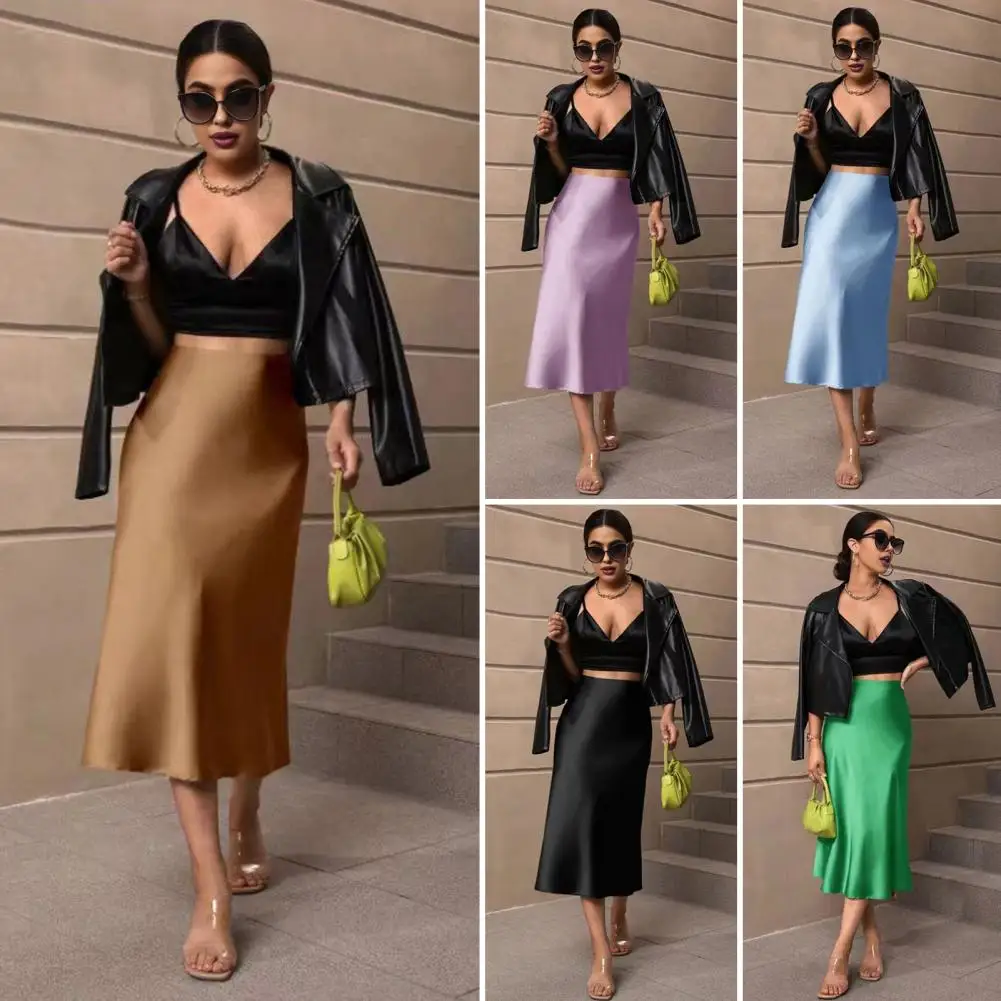 

Женская юбка миди с высокой талией из гладкого атласа с подолом «рыбий хвост», стройнящая фигуру, для путешествий, вечеринок, работы, отдыха и повседневной носки