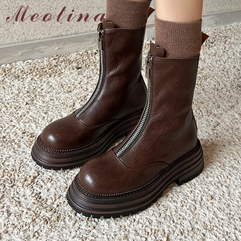

Meotina Women Genuine Leather Ankle Boots Round Toe Thick Mid Heels Zipper Platform Short Boots Ladies Fashion Shoes Winter 40