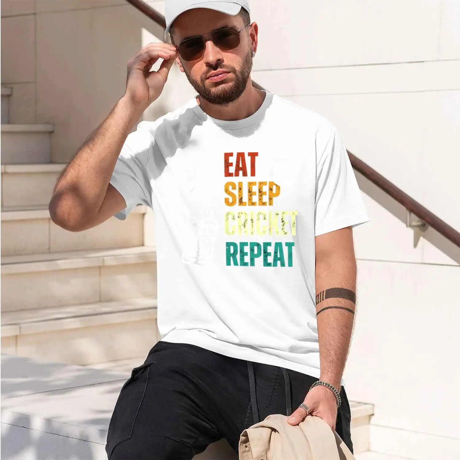Casual Sporty Style Men's T-Shirt Crket Player Graph Eat Sleep Crket Repeat Text Design For Everyday Wear And Sports Events Perf
