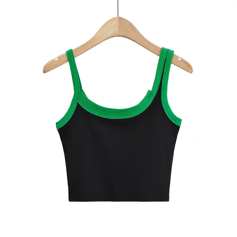 섹시한 슬리밍 크로스 숄더 베스트 하이웨이스트 유니크 컬러 블록 이너웨어 스트리트 스타일 숏 기장 바디콘 탑