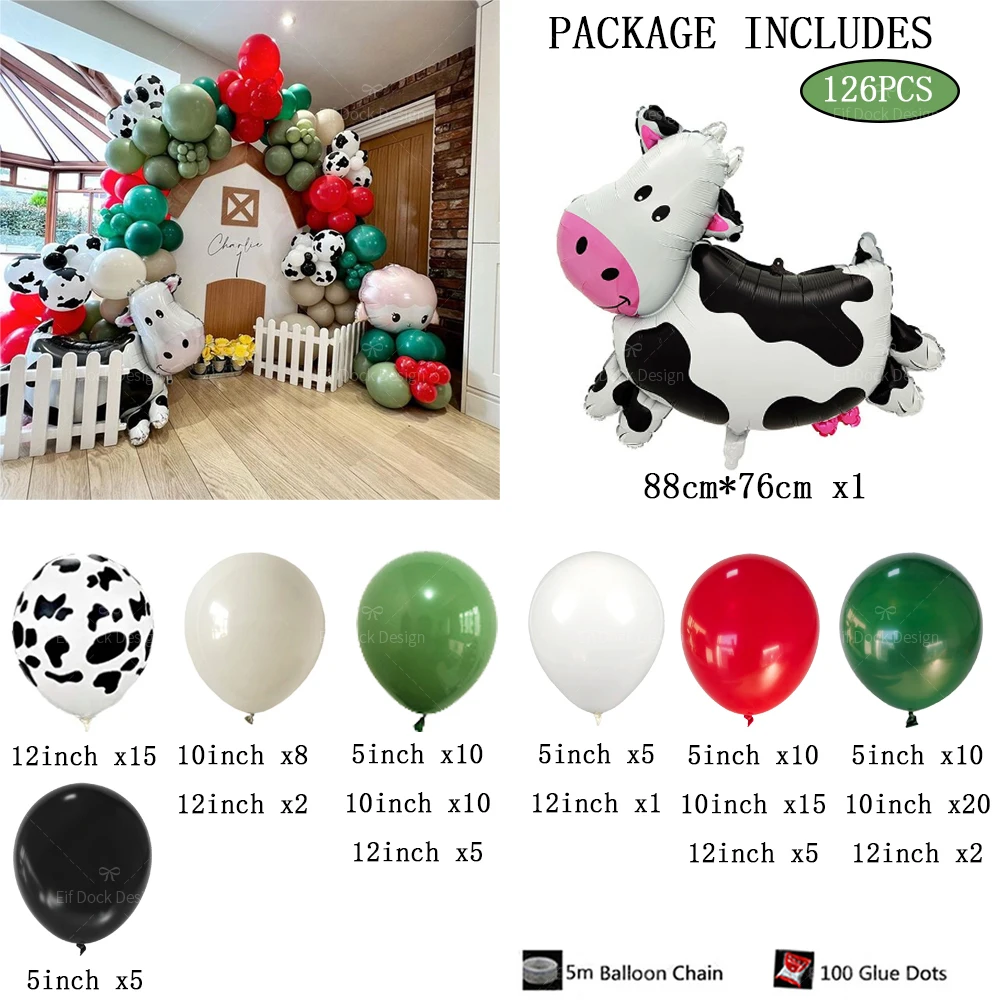 1Set Farm Theme Green red latex balloon Cartoon Cow Foil Balloon Happy Birthday Party Decoration Baby Shower Supplies