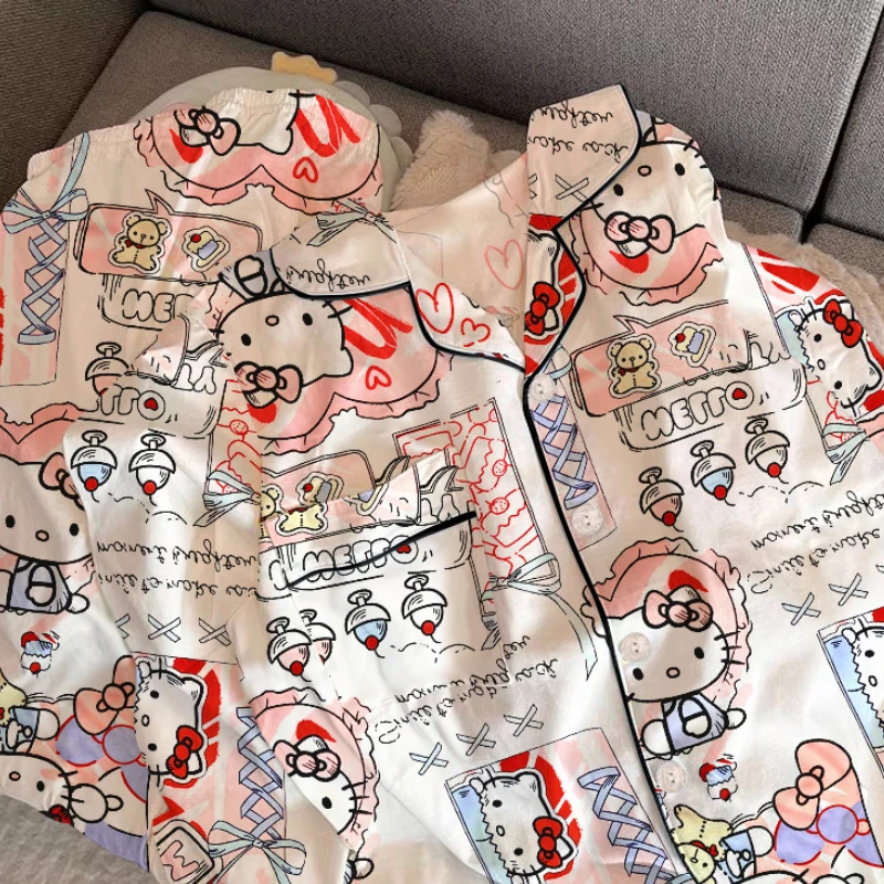 Cute Hello Kitty Anime Ladies Pajamas Cartoon KT Cat Printing Long-sleeved Cardigan Two-piece Loose Leisure Can Go Out Homewear