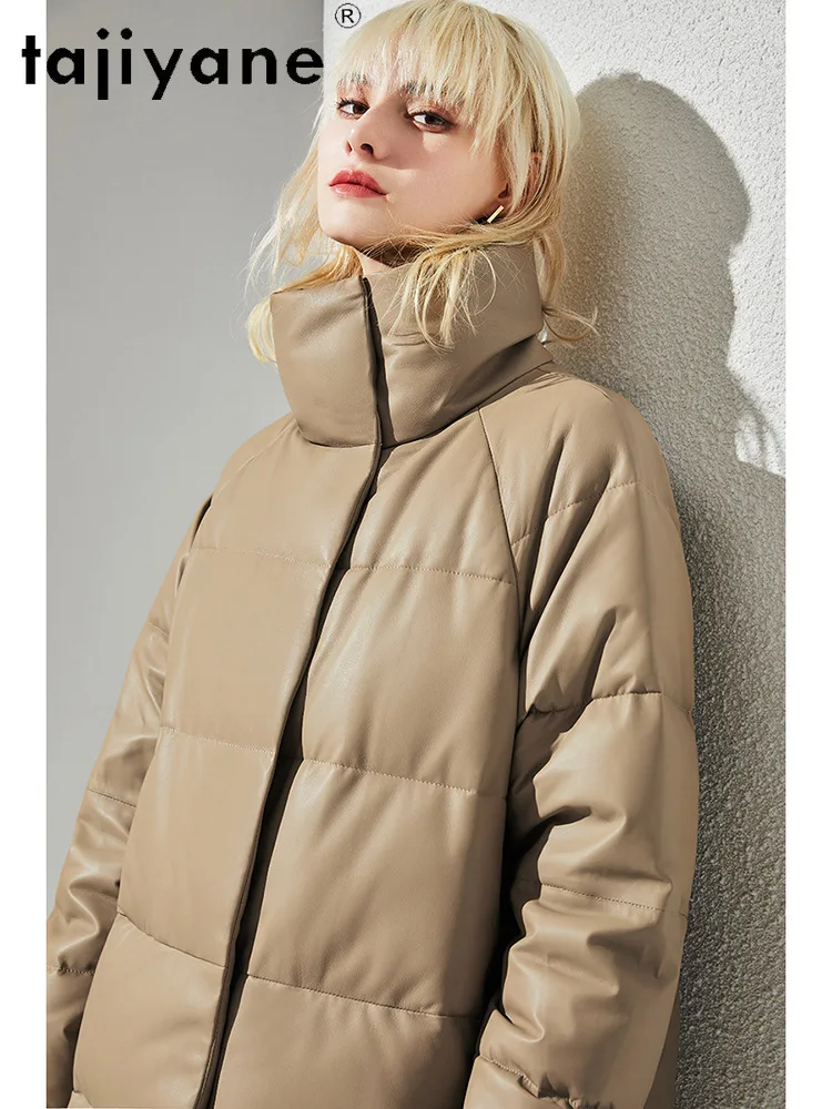 Tajiyane 여성용 진짜 양가죽 다운 재킷, 중간 길이 화이트 구스 다운 코트, 스탠딩 칼라 패션, 따뜻한 파카, 겨울