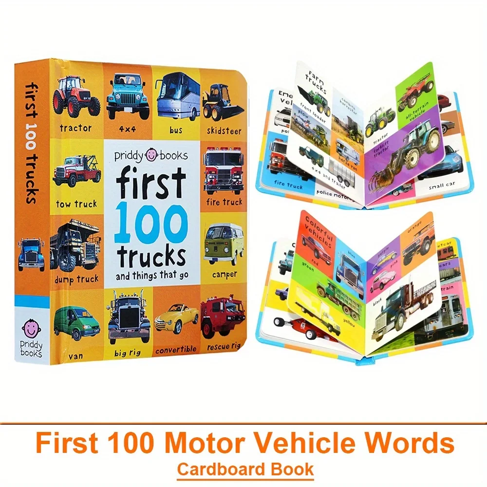 First 100 Trucks Motor Vehicle English Words Cardboard Book Language Learning Aids Bedtime Reading, Learn to Read for Preschool