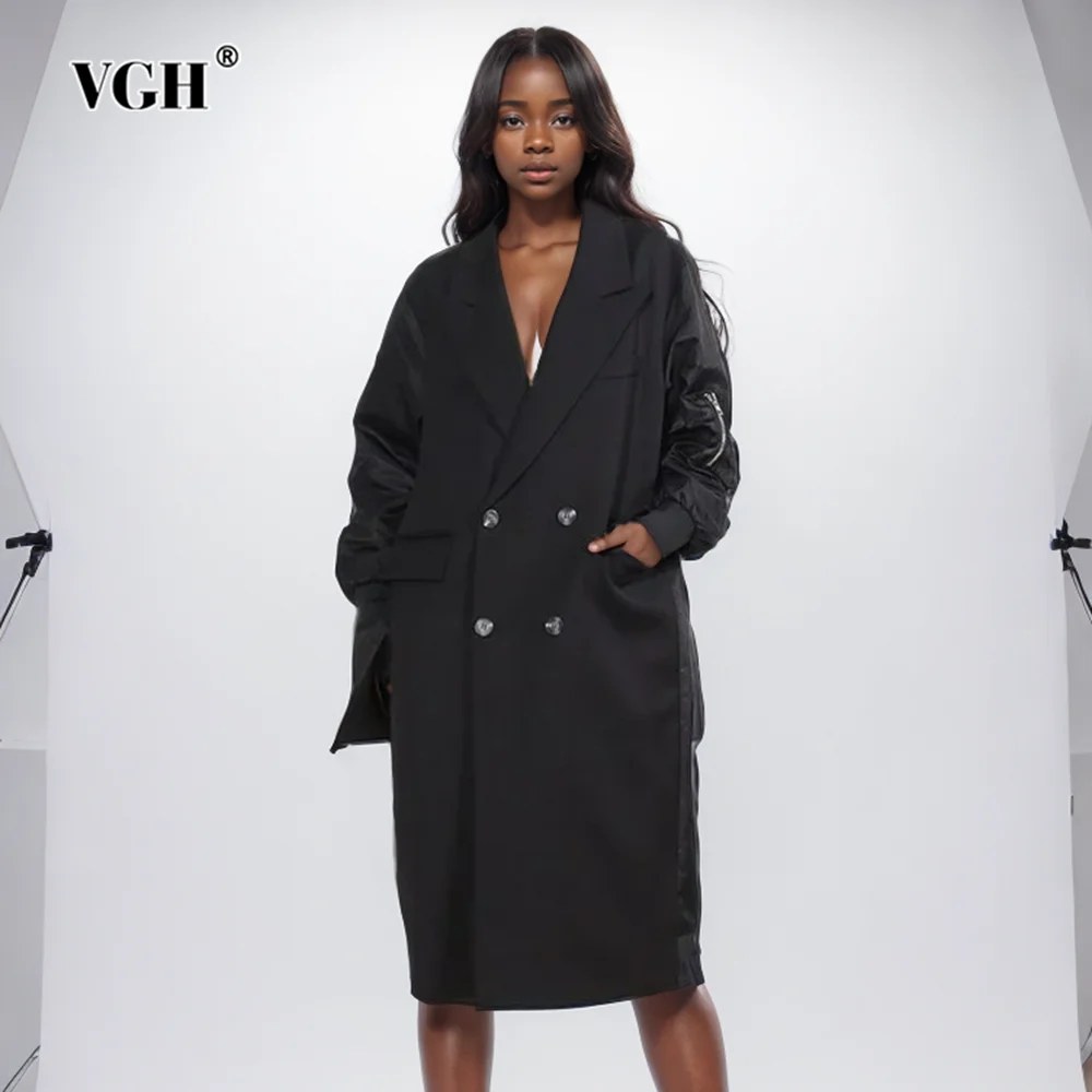 

VGH Hit Color Spliced Double Breasted Trench For Women Lapel Long Sleeve Patchwork Pockets Minimalist Loose Coats Female Style