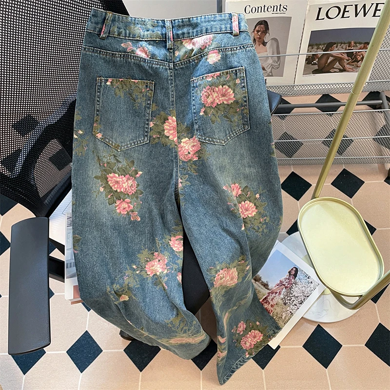 Retro Rose Flowers Print Jeans for Women American Style Oversize High Waist Wide Leg Denim Pants Casual Loose Straight Jeans