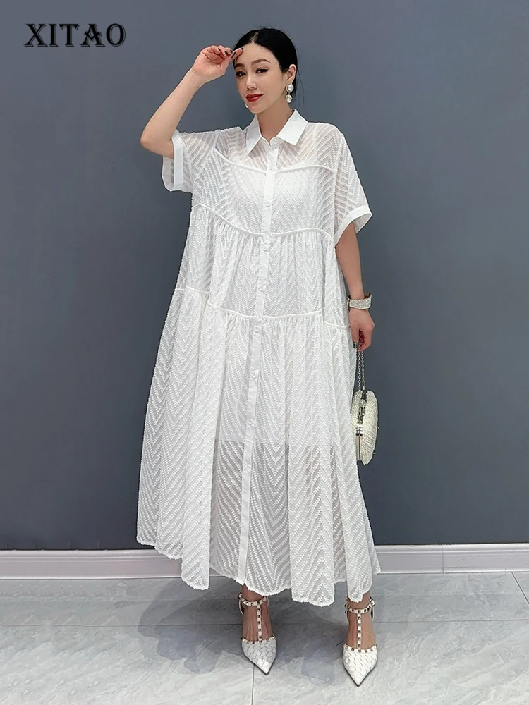 XITAO Solid Color Casual Female Shirt Dress Loose Fashion Simplicity Turn-down Collar Splicing Dress Summer New Women ZY8867