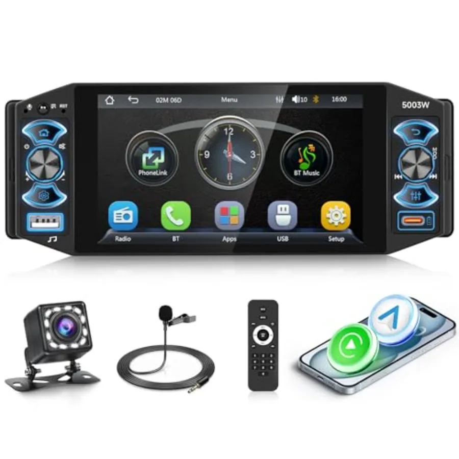 

Single Din Car Stereo for automotive use, IPS touch screen material, black color, wireless CarPlay Android Auto support