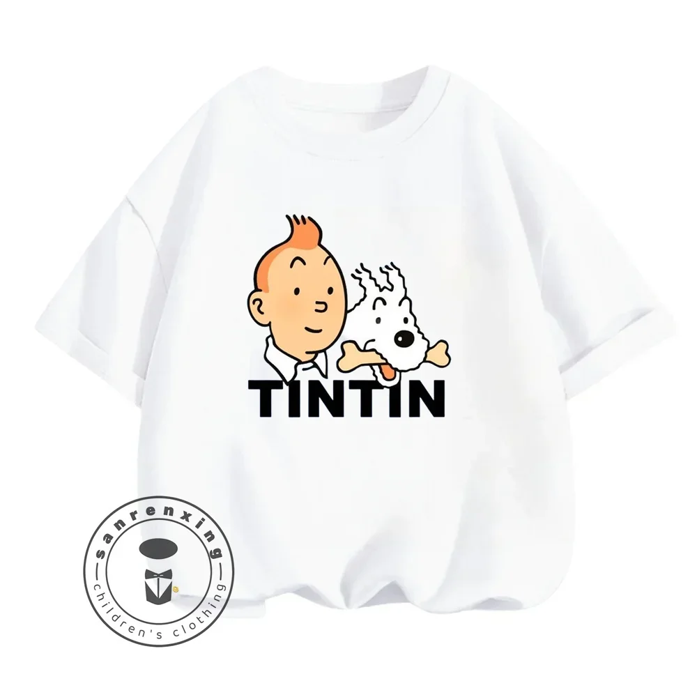 Trendy Summer Kids Daily Wear The Adventures of Tintin Animated Cartoon Character Print Design O-neck Affordable Short Sleeve