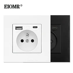 EIOMR EU Power Socket With Type-C Charging For Home 5V 2A Intelligent Charging Port 86*86mm PC Panel USB Wall Socket 16A Outlet