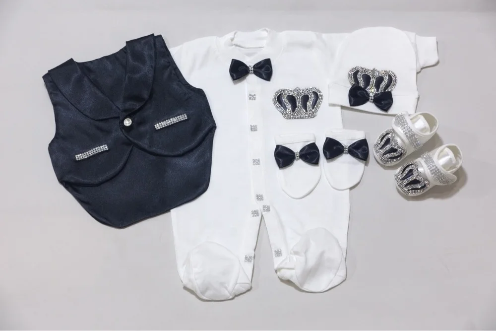 Dollbling 5 Pcs Vested Baby Romper Set Crowned Black Custom Wholesale Newborn New Design Clothes Boy