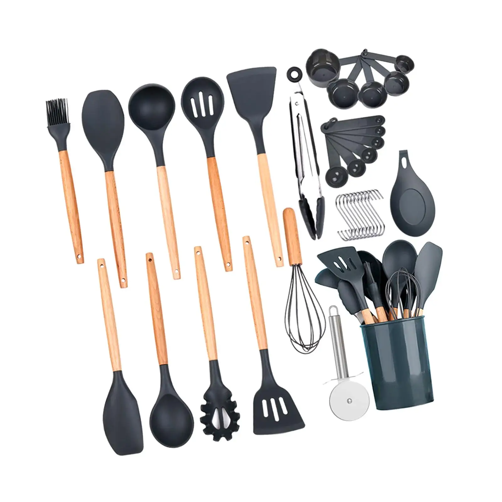 Silicone Kitchen Utensils Set with Wooden Handles Scratch Resistant Cookware Tools Easy Clean Hanging Loops for Everyday Meal